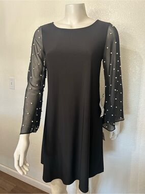MSK Black Mini Dress with Sheer Pearl-Embellished Sleeves